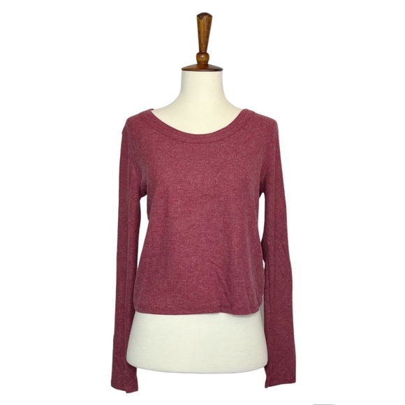 Raspberry Round Neck Long Sleeve Ribbed Tee - Picture 8 of 16